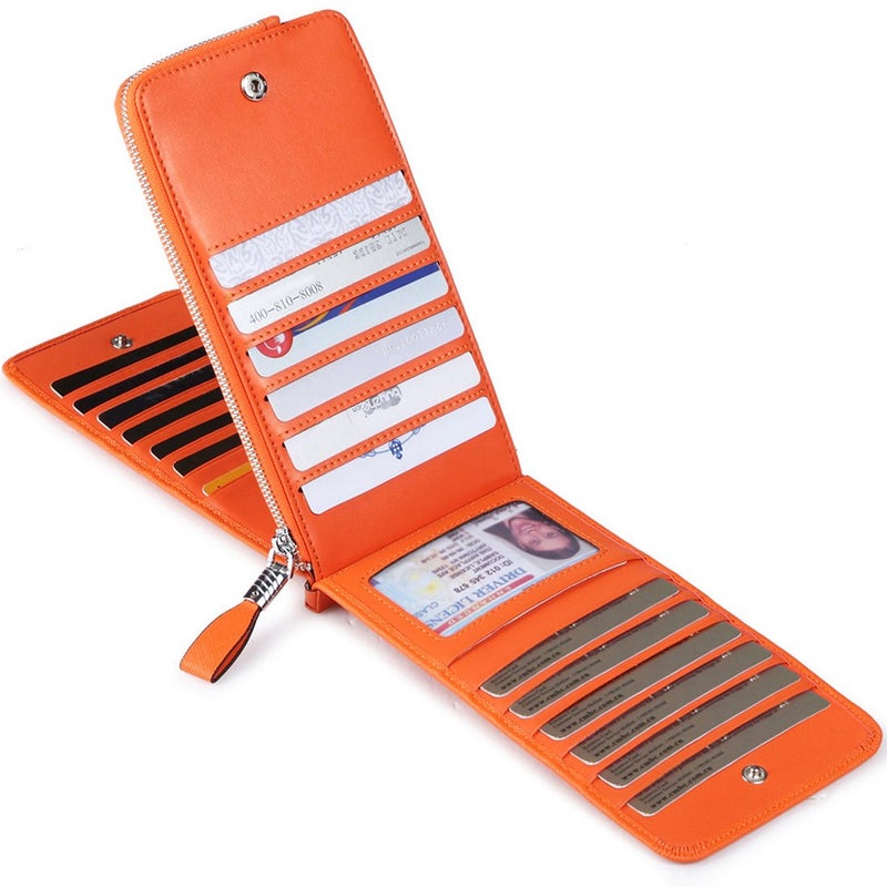 Huztencor Women's Credit Card Holder RFID Blocking Leather Multi Card Organizer Wallet Slim Long Zipper Bi-fold Business Card Case Clutch Wallet with ID Window Orange (FBA) - Image 2